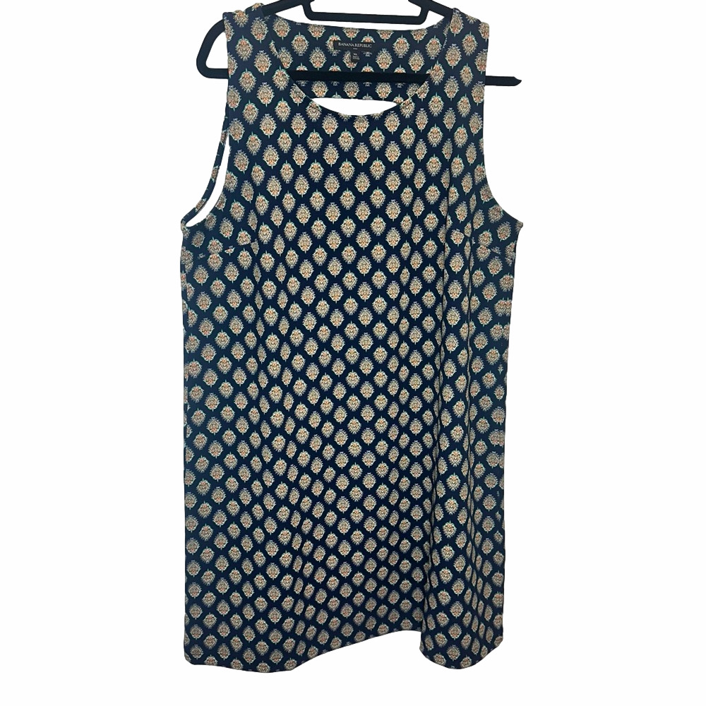 BANANA REPUBLIC Feather Print Navy Blue Shift Dress Size XLarge